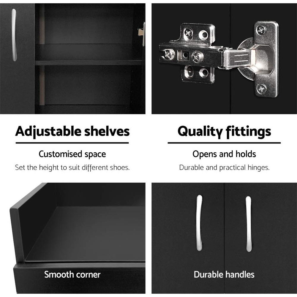 Feature panel: adjustable shelves, quality fittings, smooth corners and durable handles detail