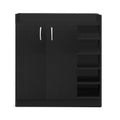 Black shoe cabinet with 2 doors and 5 open side shelves, front view on white background
