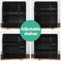 Four-panel diagram showing various adjustable shelf configurations inside black 2-door shoe cabinet
