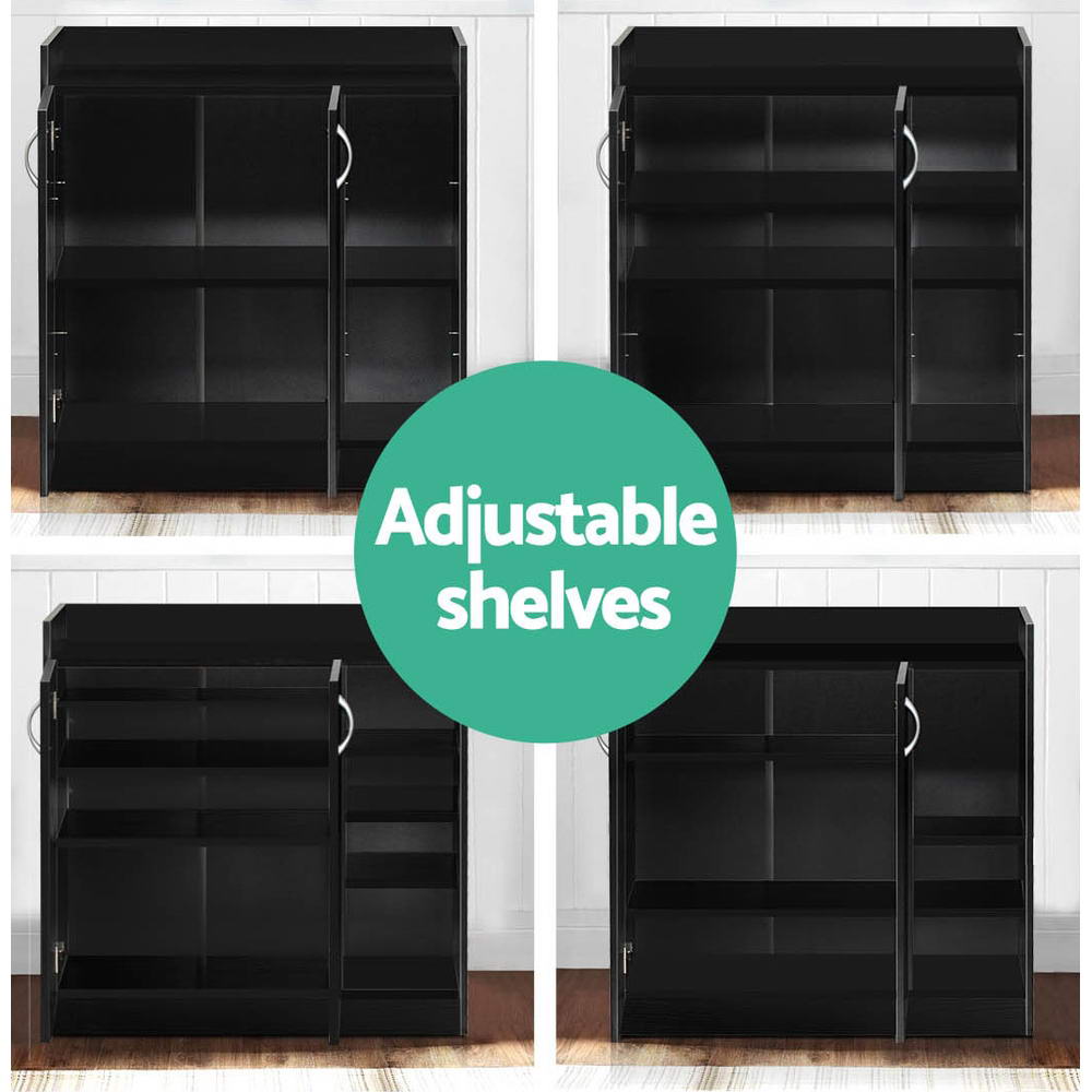 Four-panel diagram showing various adjustable shelf configurations inside black 2-door shoe cabinet