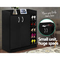 Black shoe cabinet with side shelves loaded with shoes and decorative items on top open display