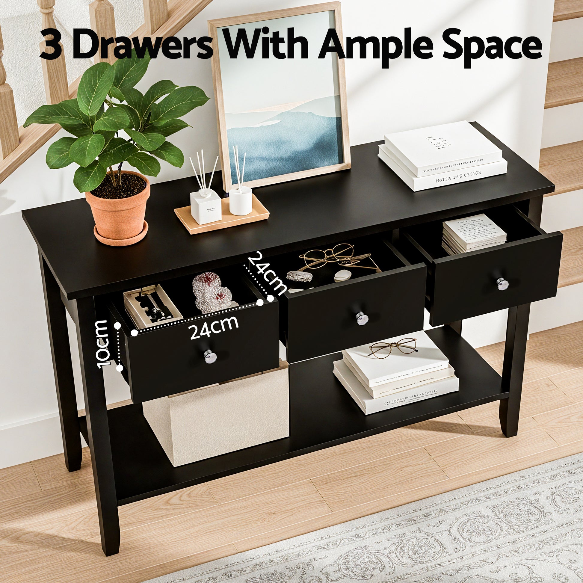 Black console table with text "3 Drawers With Ample Space", open drawers showing 24cm wide, 10cm deep interior