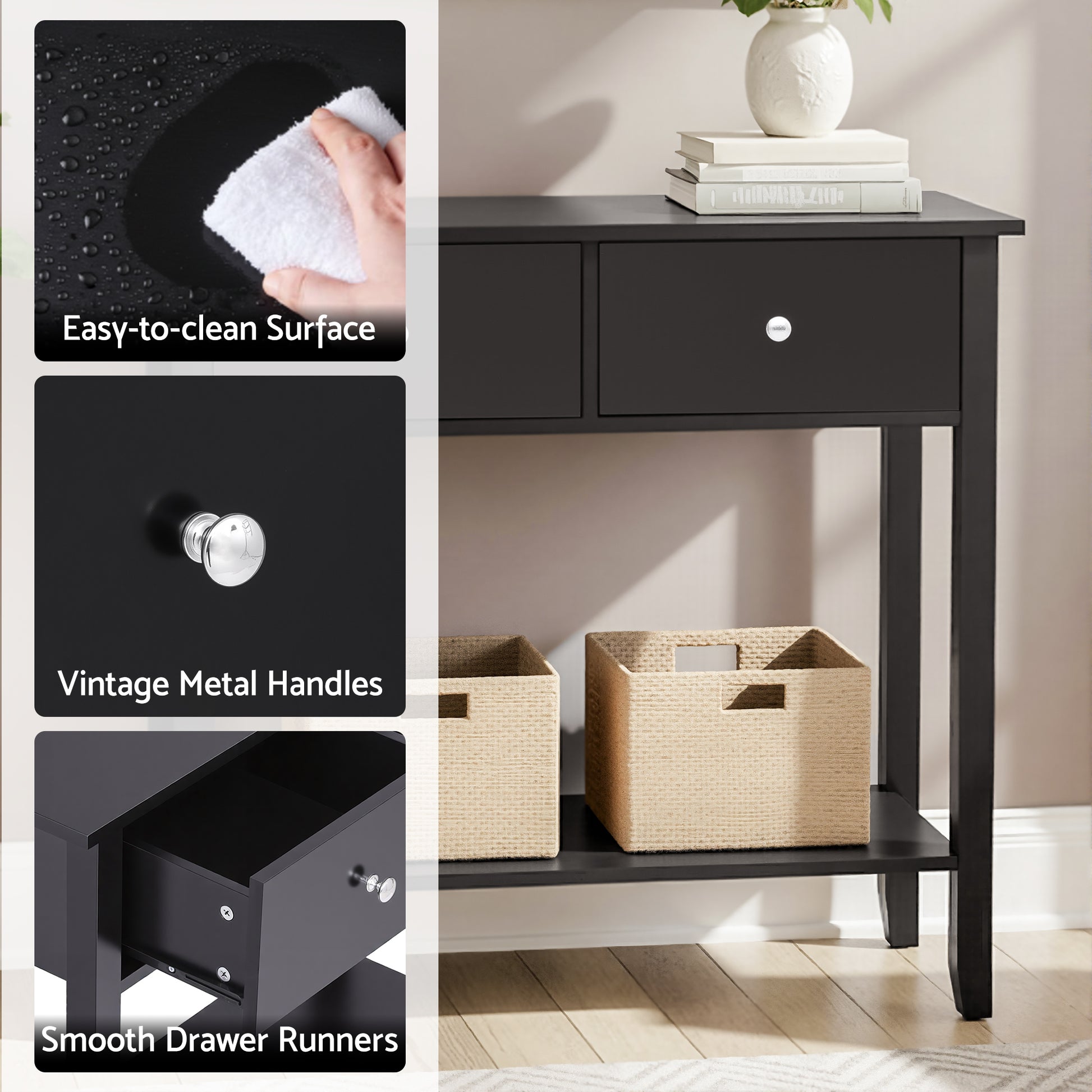 Black console table features: easy-clean surface, vintage metal handles and smooth drawer runners, with detail insets