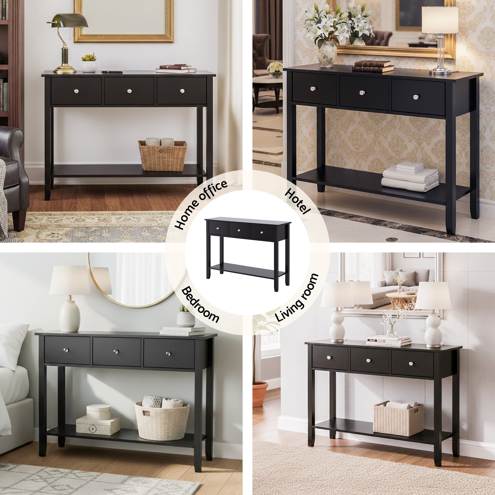 Black 3-drawer console table in four settings labelled: Home office, Hotel, Bedroom and Living room