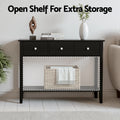 Black console table with text 