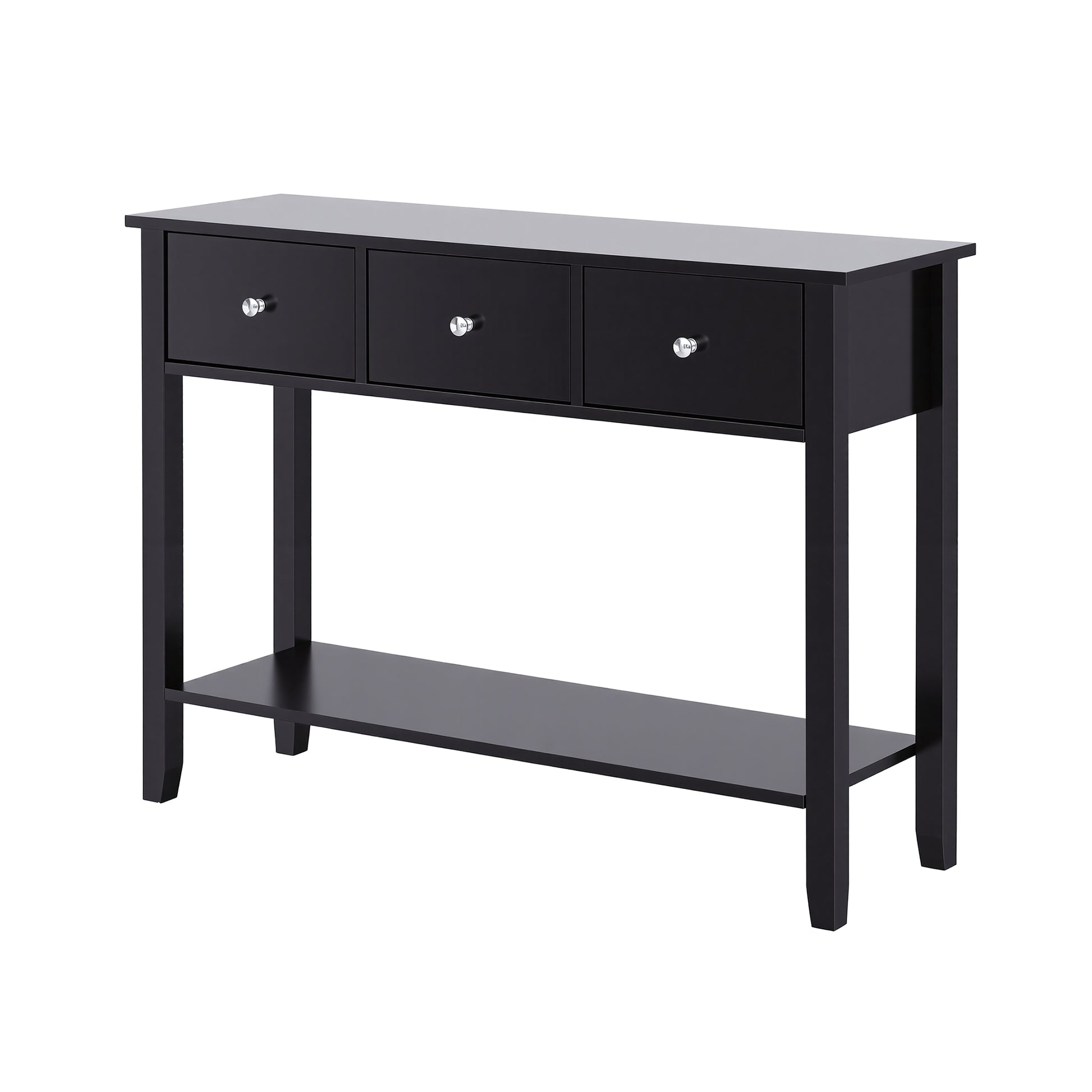Black console table with three drawers, chrome knobs and lower shelf, three-quarter angle view on white background