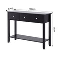 Black console table with three drawers and shelf dimensions: 100cm wide, 30cm deep, 74cm tall