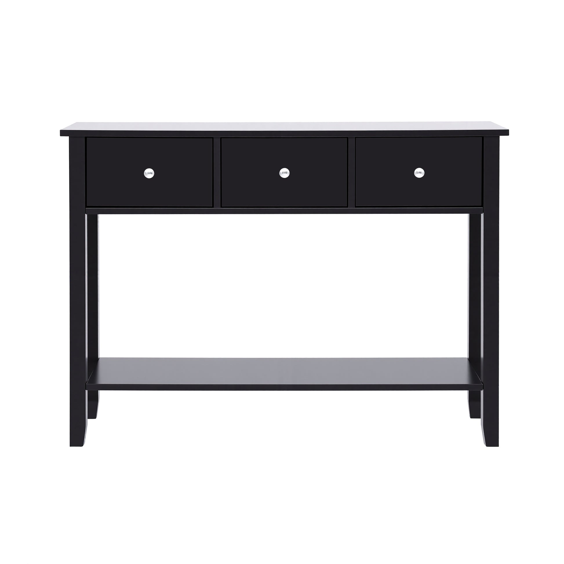 Black console table with three drawers, chrome knobs and lower shelf, front view on white background