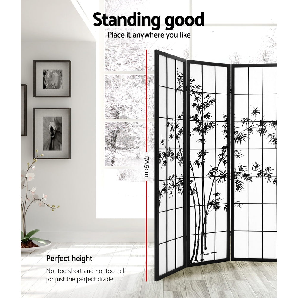 Black 3-panel bamboo print shoji room divider 178.5cm height infographic in lifestyle room with framed photos and orchid