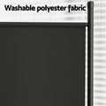 Black 3-panel fabric room divider washable polyester fabric close-up with black metal pole detail