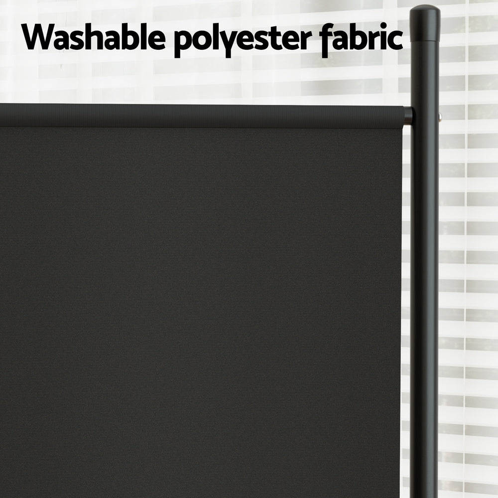 Black 3-panel fabric room divider washable polyester fabric close-up with black metal pole detail