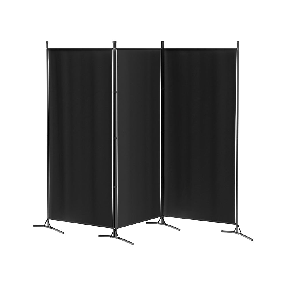 Black 3-panel fabric room divider on white background zigzag configuration with black metal frame and X-base feet