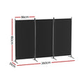 Black 3-panel fabric room divider dimension diagram 86cm panel width 180cm height 260cm total width and 51cm depth