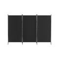 Black 3-panel fabric room divider front view on white background three flat panels with black metal frame and T-base feet