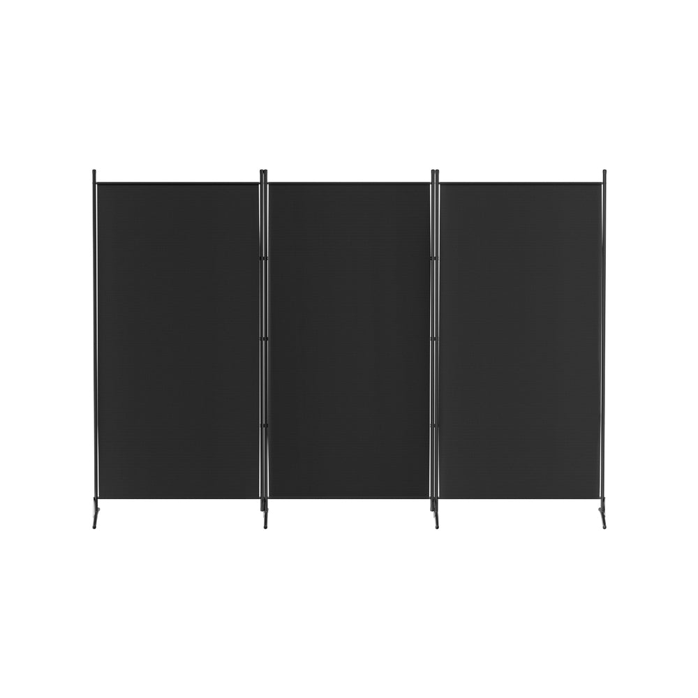 Black 3-panel fabric room divider front view on white background three flat panels with black metal frame and T-base feet