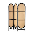 Black 3-panel arched rattan room divider front view on white background with black wood frame and woven rattan panels