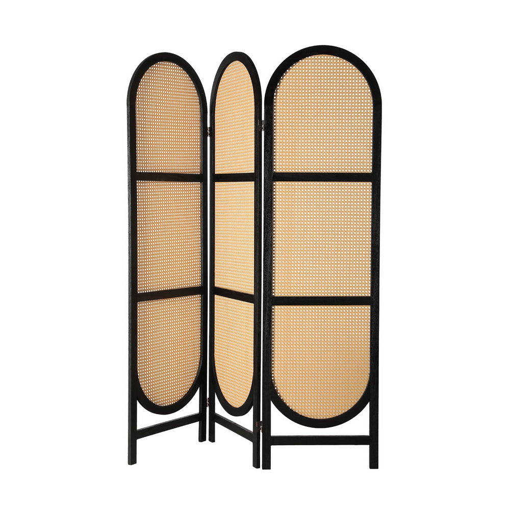 Black 3-panel arched rattan room divider front view on white background with black wood frame and woven rattan panels