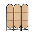 Black 3-panel arched rattan room divider clean front view on white background with black wood frame and woven panels