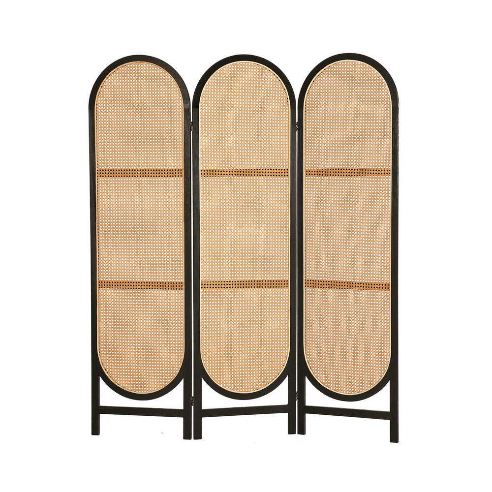 Black 3-panel arched rattan room divider clean front view on white background with black wood frame and woven panels