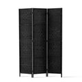 Black 3-panel woven paper rope room divider flat straight-on front view on white background with black woven panels