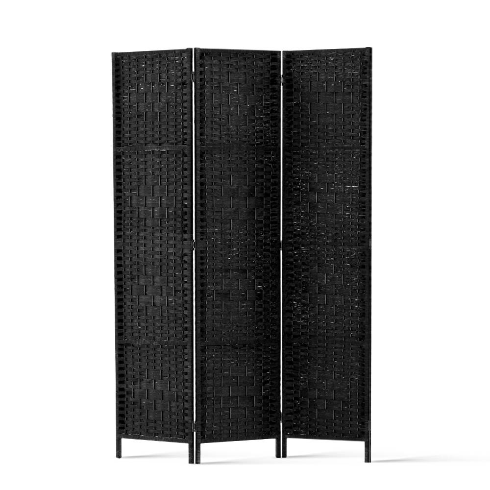 Black 3-panel woven paper rope room divider flat straight-on front view on white background with black woven panels