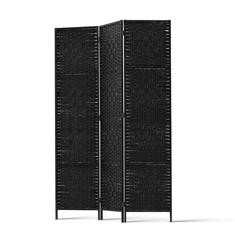 Black 3-panel woven paper rope room divider flat front view on white background with black woven panels and metal feet