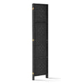 Black 3-panel woven paper rope room divider folded compact side profile view on white background showing gold hinges