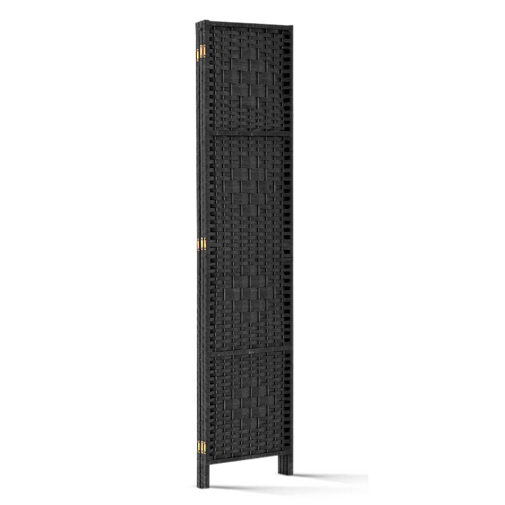 Black 3-panel woven paper rope room divider folded compact side profile view on white background showing gold hinges