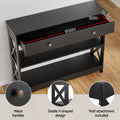 Open drawer interior 90cm wide, 6cm high, 23.5cm deep; close-ups of metal handle, X-shaped panel, wall attachment bracket