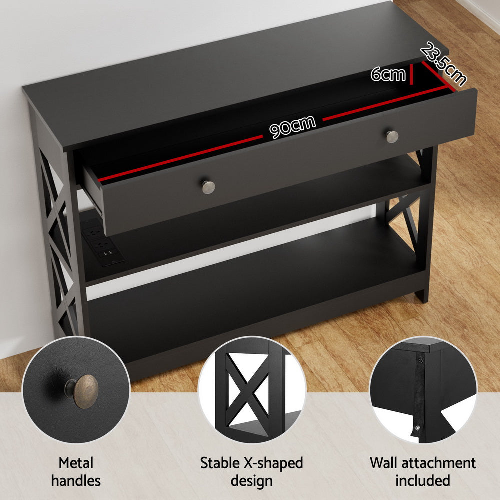 Open drawer interior 90cm wide, 6cm high, 23.5cm deep; close-ups of metal handle, X-shaped panel, wall attachment bracket