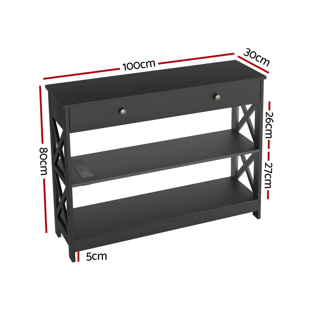 Black 3-tier console table dimensions: 100cm wide, 30cm deep, 80cm tall, drawer gap 26cm, lower shelf gap 27cm