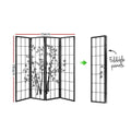 Black 4-panel bamboo print shoji room divider dimension diagram 174cm wide 178.5cm tall with foldable compact storage view