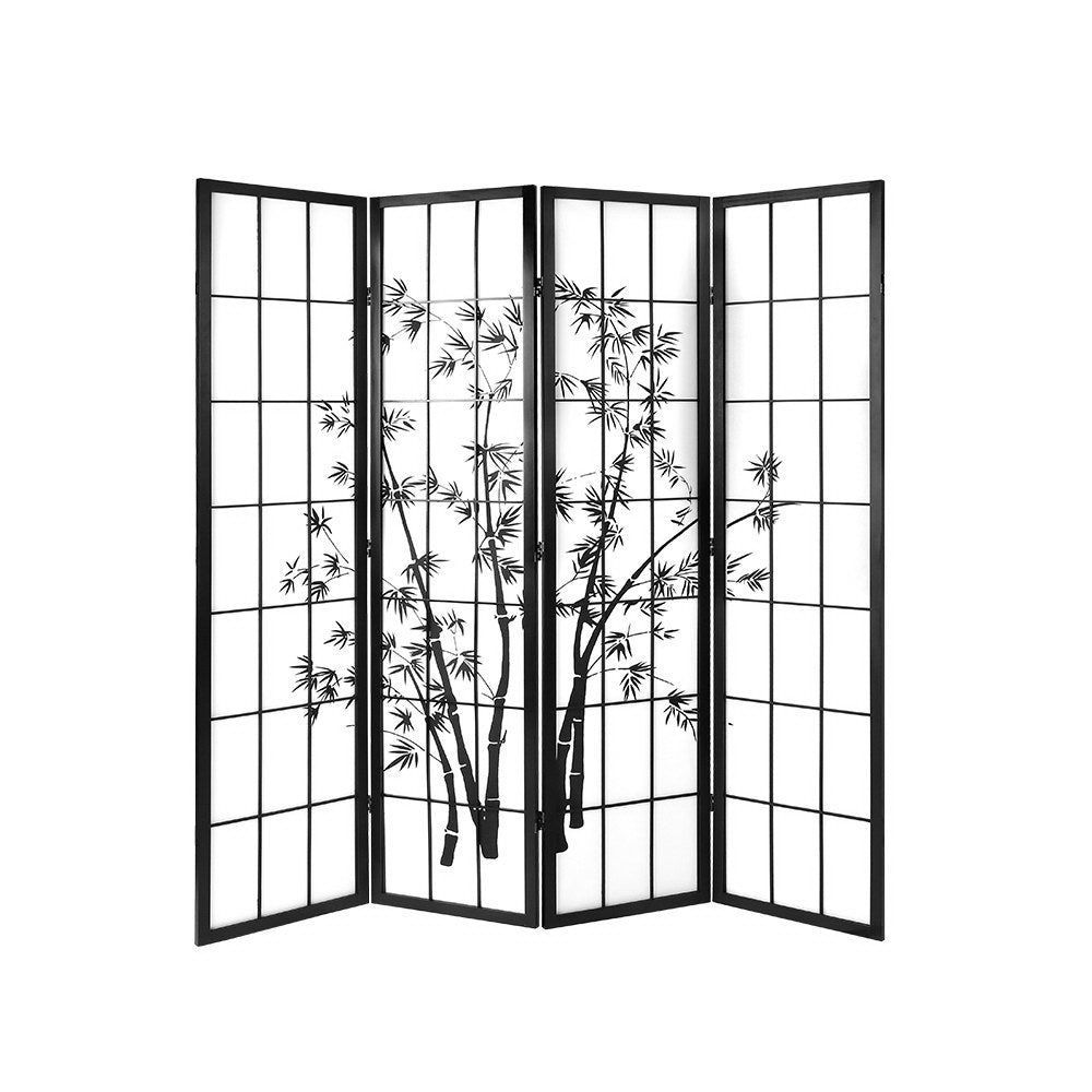 Black 4-panel bamboo print shoji room divider flat open front view on white background showing full bamboo ink print design