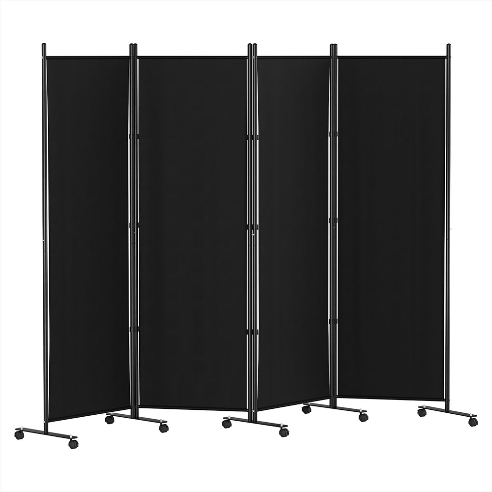 Black 4-panel fabric room divider on wheels front view on white background with black metal frame and four wheeled T-bases