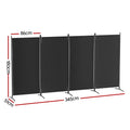 Black 4-panel fabric room divider with X-base pole stands dimension diagram 86cm panel 180cm height 345cm wide 51cm depth