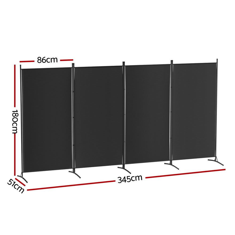 Black 4-panel fabric room divider with X-base pole stands dimension diagram 86cm panel 180cm height 345cm wide 51cm depth