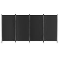 Black 4-panel fabric room divider with X-base pole stands front view on white background four flat black fabric panels