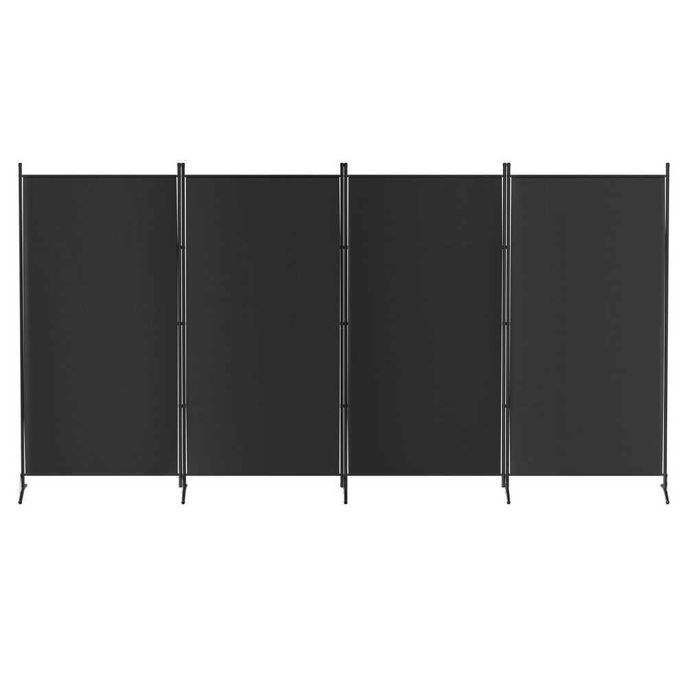 Black 4-panel fabric room divider with X-base pole stands front view on white background four flat black fabric panels