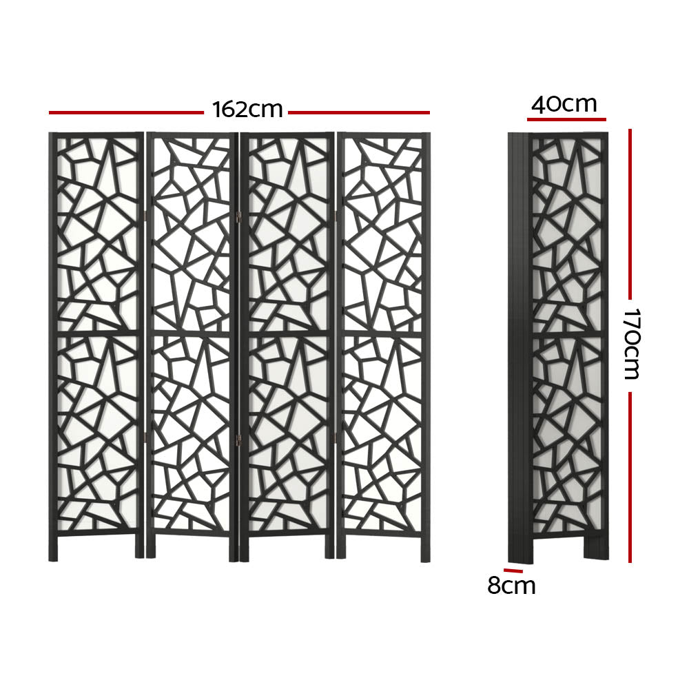 Black 4-panel criss-cross geometric room divider dimension diagram 162cm wide 170cm tall 40cm panel width and 8cm depth
