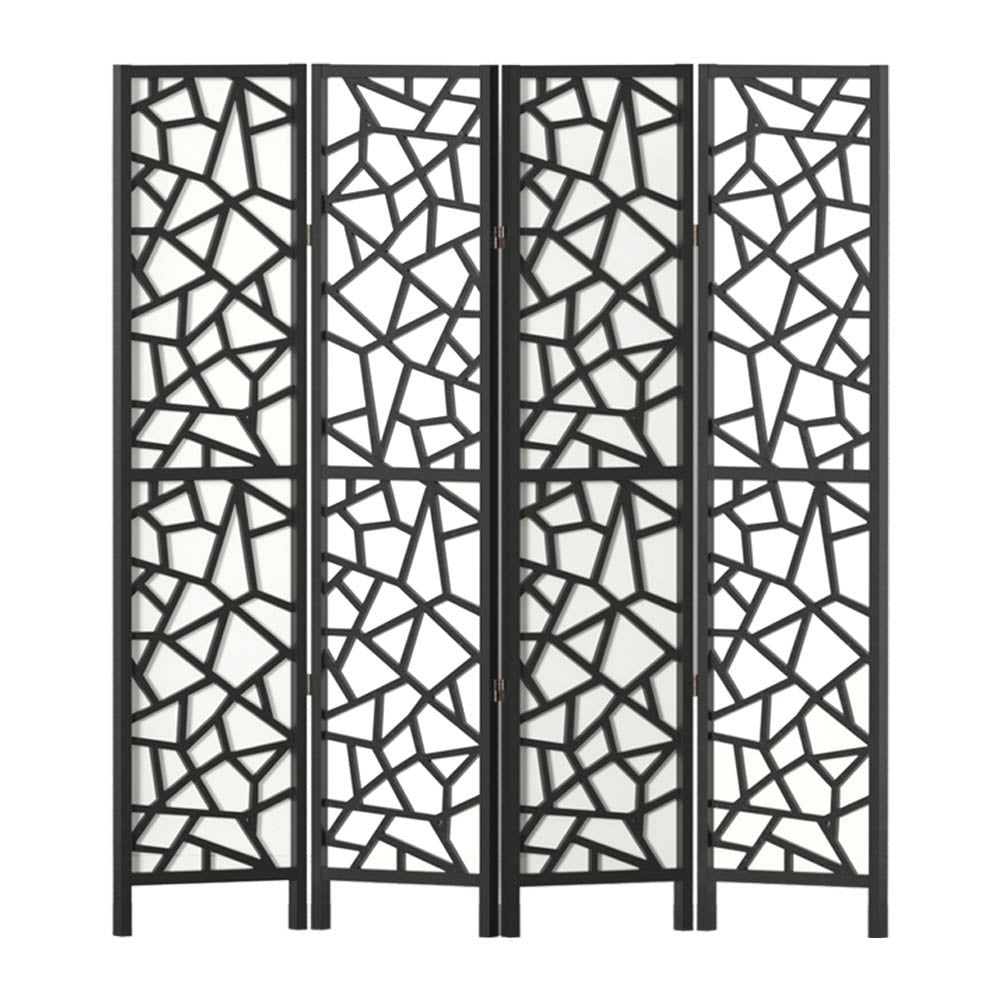 Black 4-panel criss-cross geometric cutout room divider front view on white background with non-woven fabric backing