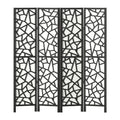 Black 4-panel criss-cross geometric cutout room divider flat front view on white background with non-woven fabric panels