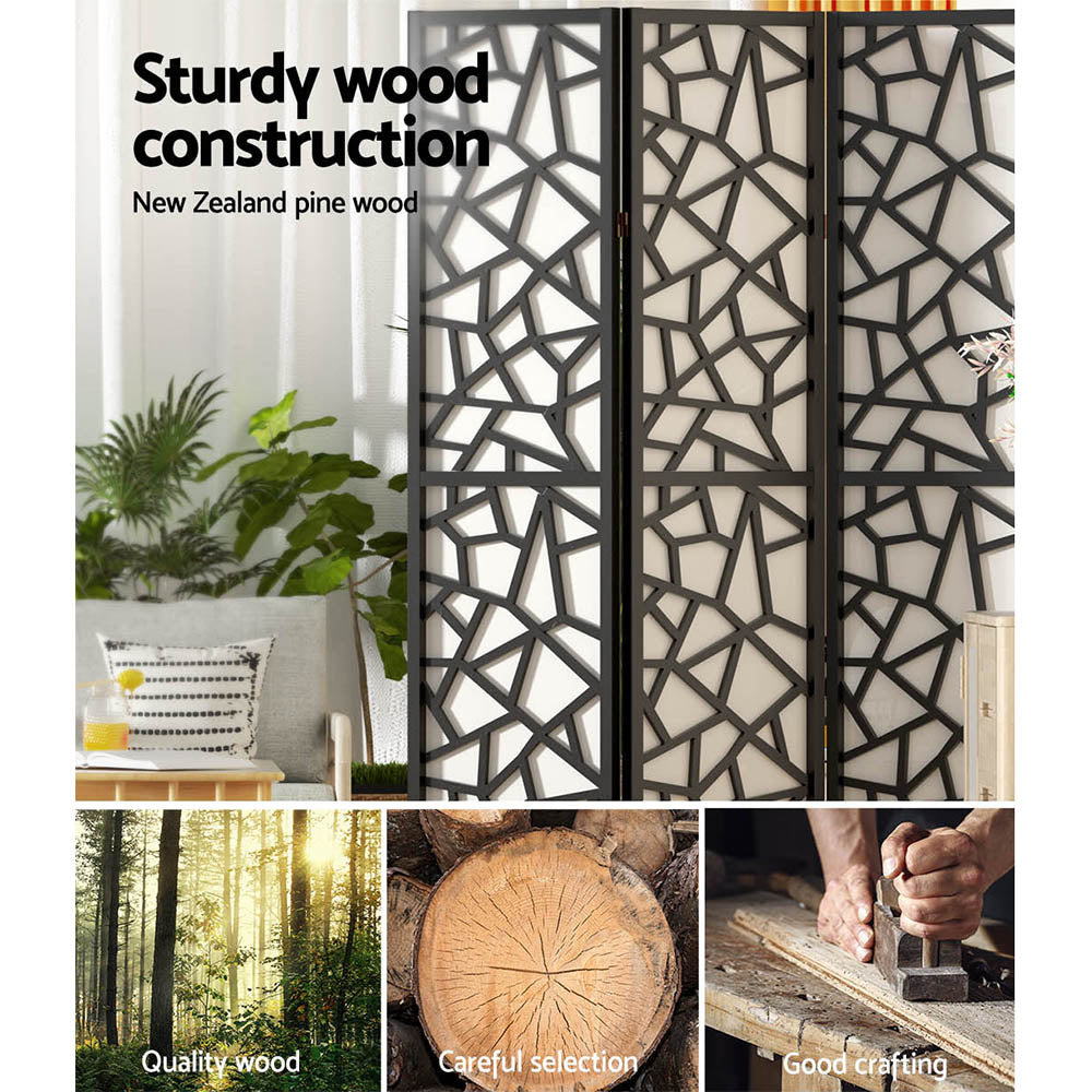 Black 4-panel criss-cross geometric room divider NZ pine construction with quality wood selection and crafting close-ups