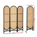 Black 4-panel arched rattan room divider dimension diagram 151cm wide 180cm tall 50cm panel width and 6cm depth