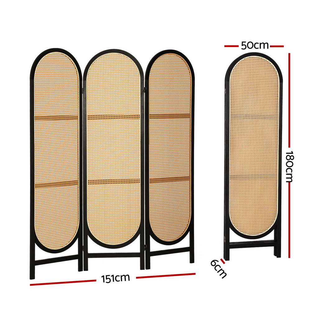 Black 4-panel arched rattan room divider dimension diagram 151cm wide 180cm tall 50cm panel width and 6cm depth