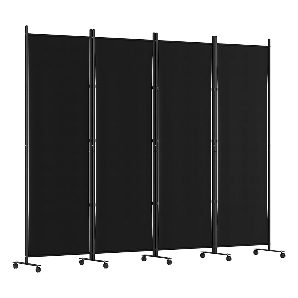 Black 4-panel fabric room divider on wheels zigzag configuration on white background with black metal frame