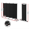 Black 4-panel fabric room divider on wheels dimension diagram 217cm wide 172cm tall 50cm depth 36.5cm base and 4cm wheel