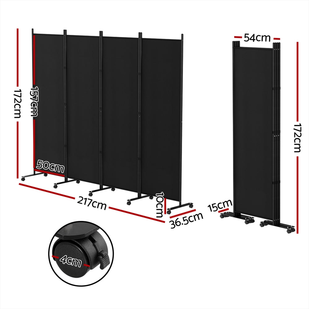 Black 4-panel fabric room divider on wheels dimension diagram 217cm wide 172cm tall 50cm depth 36.5cm base and 4cm wheel