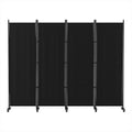 Black 4-panel fabric room divider on wheels flat front view on white background with black metal frame and T-base