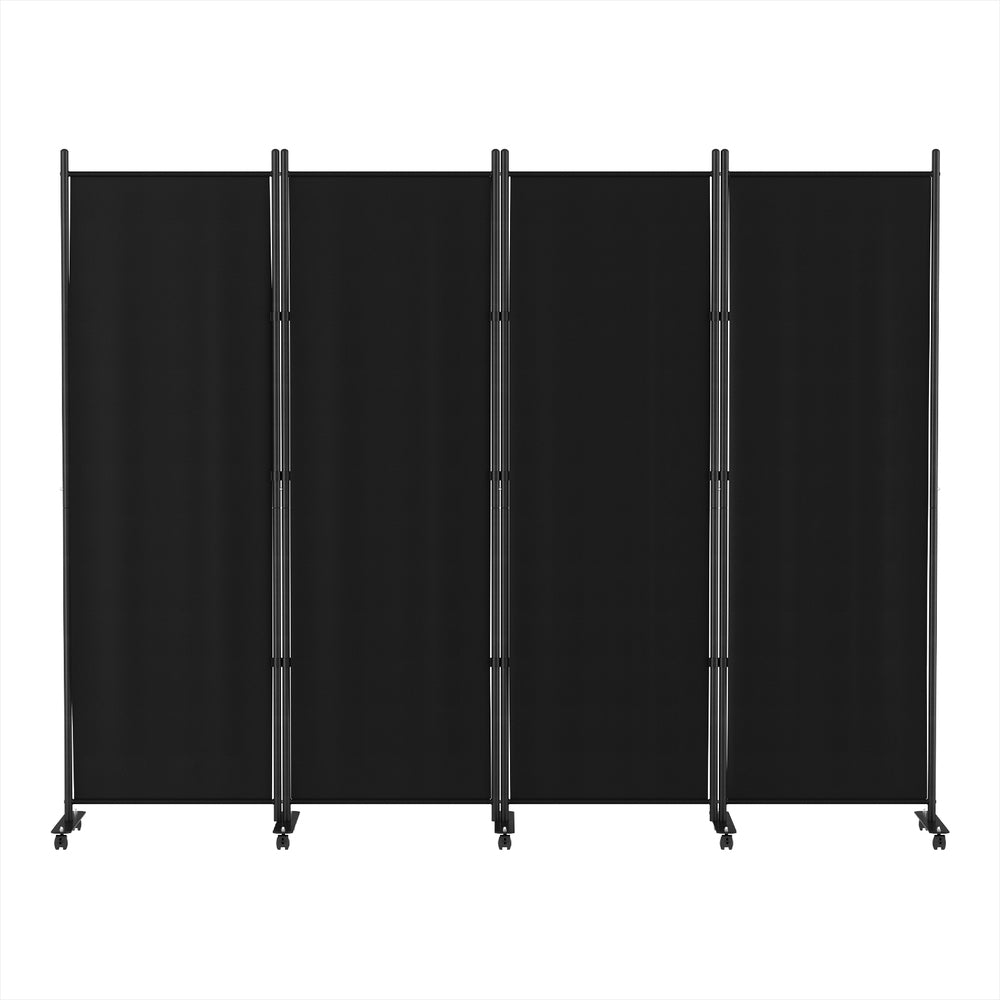 Black 4-panel fabric room divider on wheels flat front view on white background with black metal frame and T-base