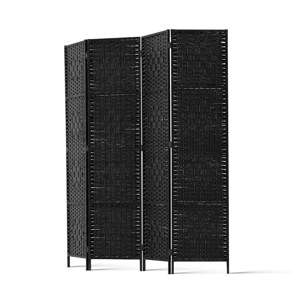 Black 4-panel woven paper rope room divider angled zigzag view on white background with black metal tube frame and feet